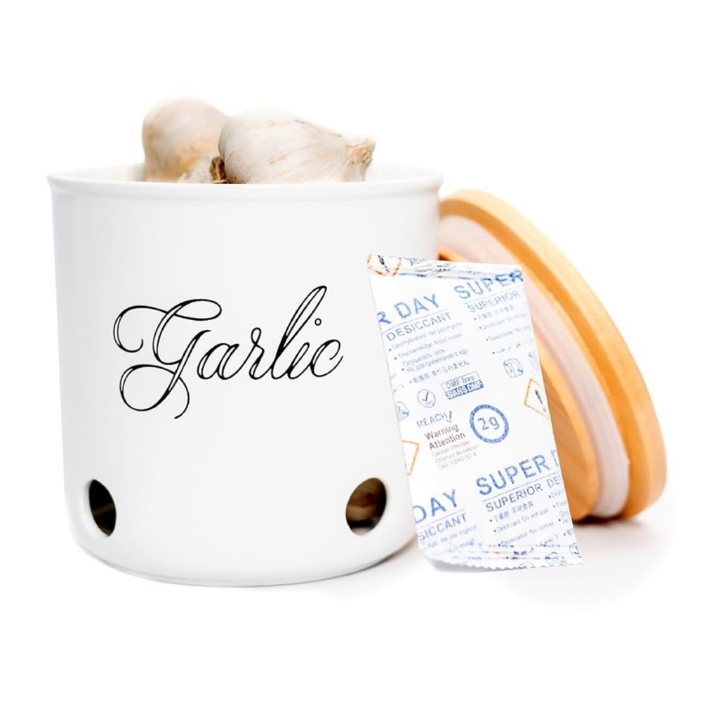 White Ceramic Garlic Keeper with Wooden Lid